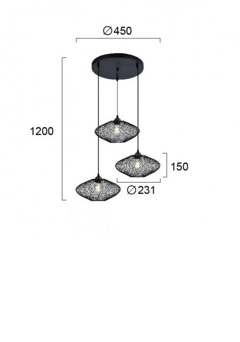 (Preview 2) Φωτιστικό κρεμαστό 3φωτο μεταλλικό μαύρο E27 Electra VIOKEF